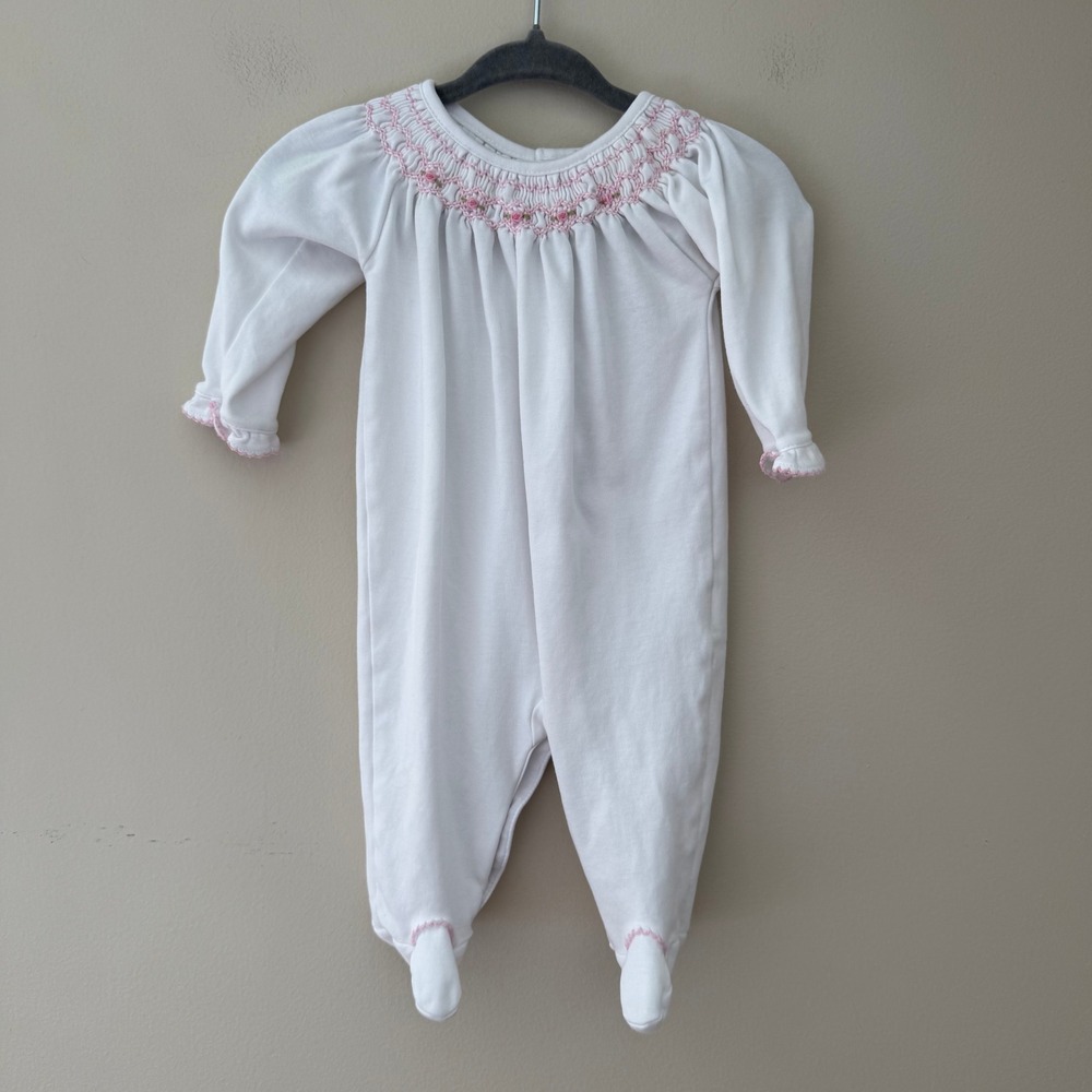 Kissy Kissy White Pink Smocked Floral Pima Cotton Footed Sleeper 0-3 Months